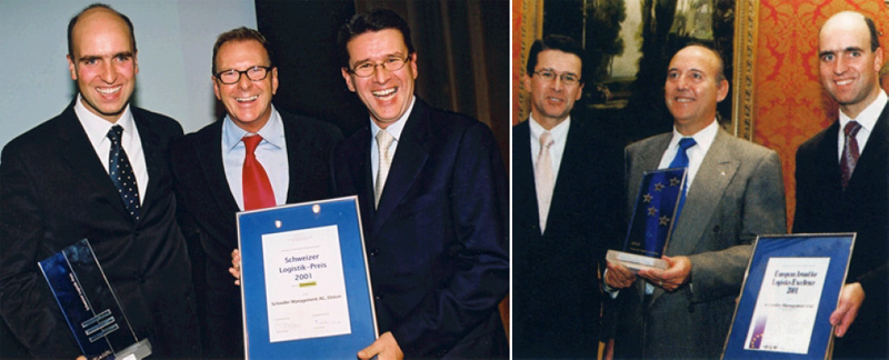 li. SGL Schweiz. Logistikpreis 2001 in Basel: Stefan Kreidler (Schindler) - Kurt Aeschbacher - GB (Schindler) | re. ELA Award 2001 in Brüssel: GB - MAR - Stefan Kreidler (alle Schindler) SGL Schweiz. Logistikpreis 2001 in Basel: Stefan Kreidler (Schindler) - Kurt Aeschbacher - GB (Schindler) | ELA Award 2001 in Brüssel: GB - MAR - Stefan Kreidler (alle Schindler)